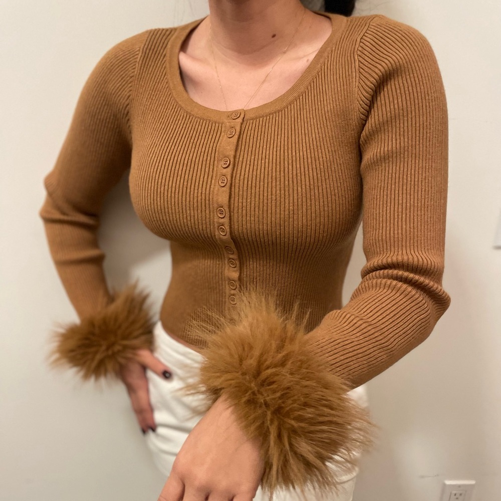 Women's Brown Sweater with Faux Fur Cuffs